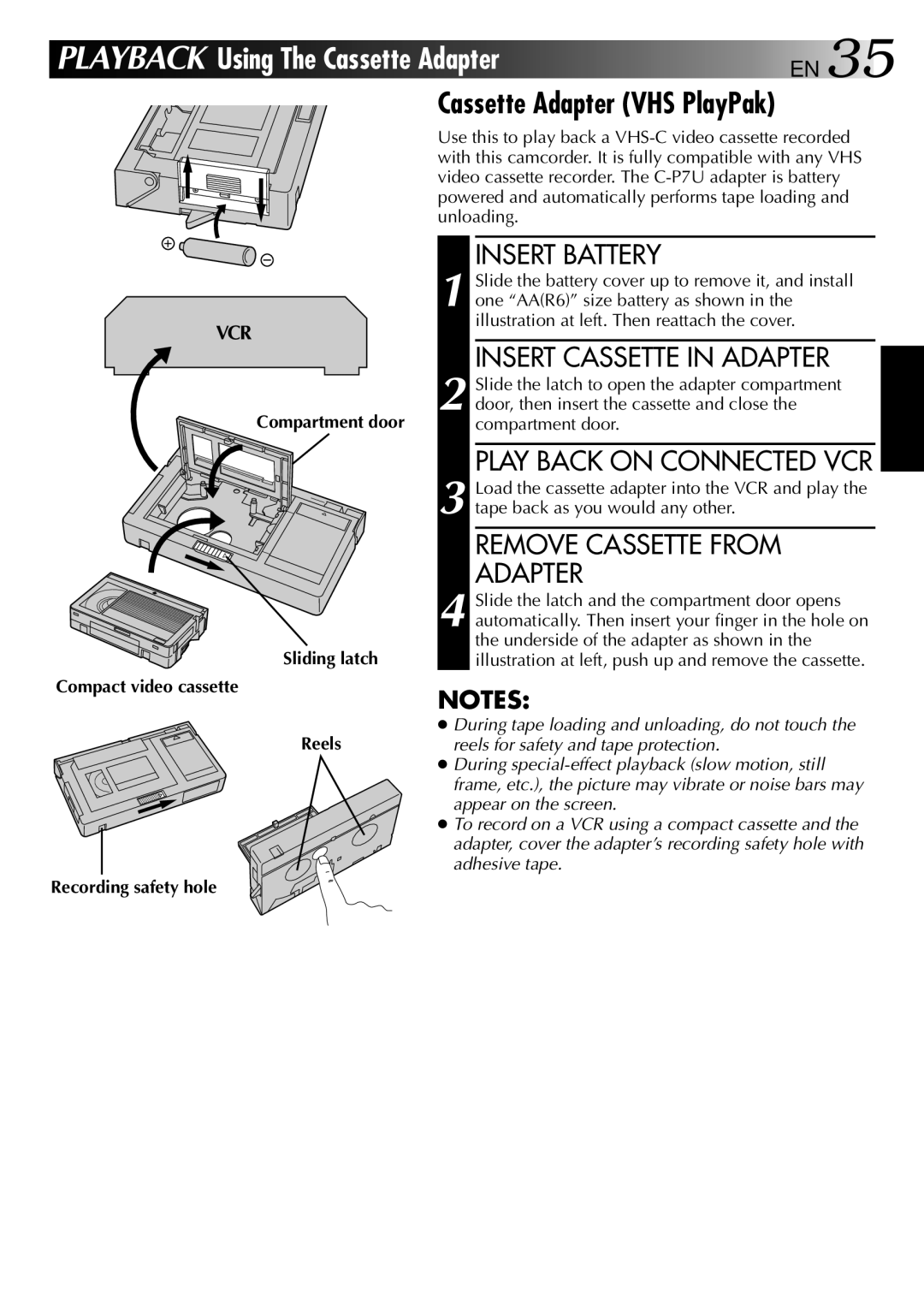 JVC GR-AXM22UM manual Cassette Adapter VHS PlayPak, Insert Cassette in Adapter, Play Back on Connected VCR 