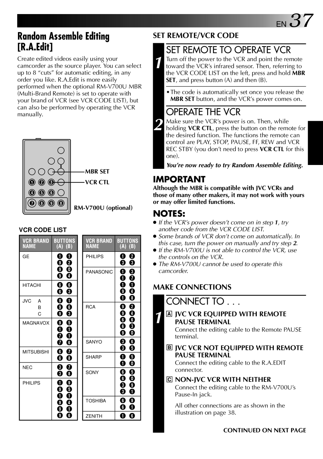 JVC GR-AXM22UM manual Random Assemble Editing R.A.Edit, SET Remote to Operate VCR, Operate the VCR, Connect to, On Next 