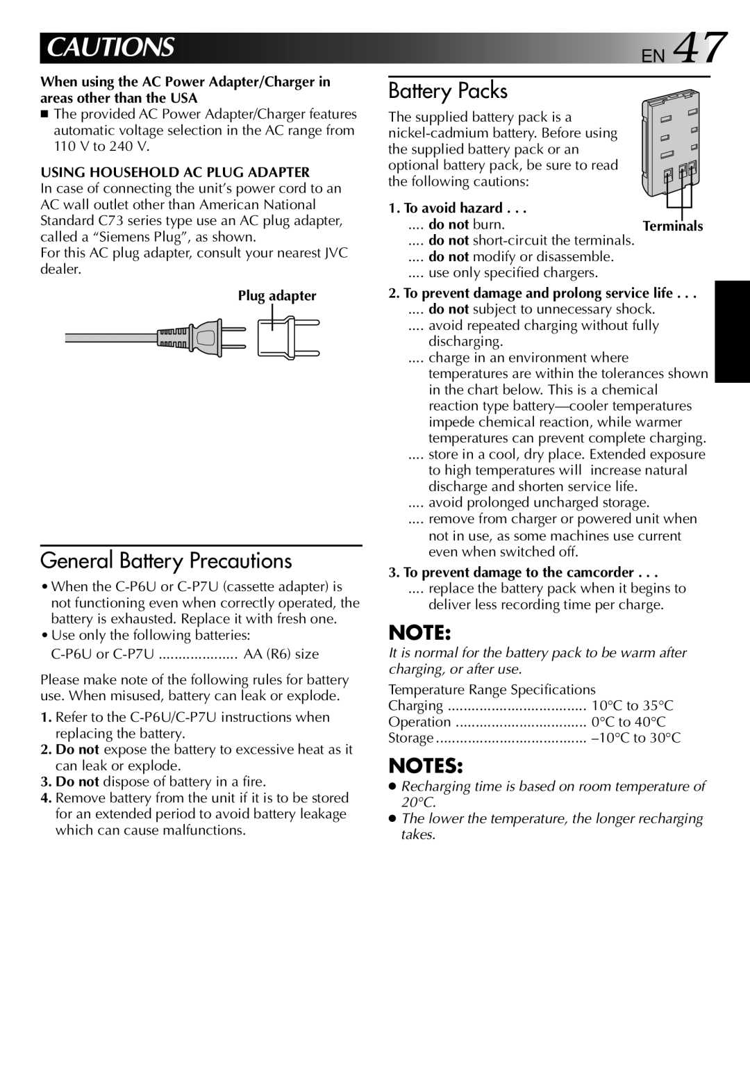 JVC GR-AXM22UM Using Household AC Plug Adapter, Plug adapter, To avoid hazard, To prevent damage and prolong service life 