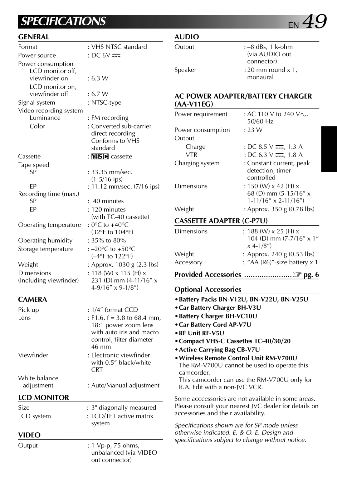 JVC GR-AXM22UM manual White balance Adjustment Auto/Manual adjustment, Size, LCD system LCD/TFT active matrix System 