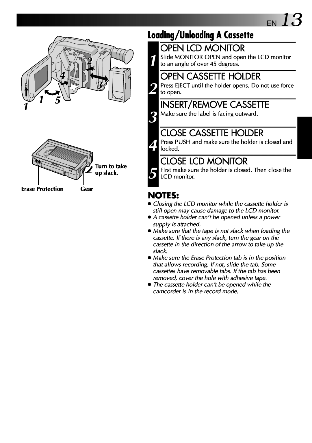 JVC GR-AXM22UM manual Loading/Unloading A Cassette, Open Lcd Monitor, Open Cassette Holder, Insert/Remove Cassette 