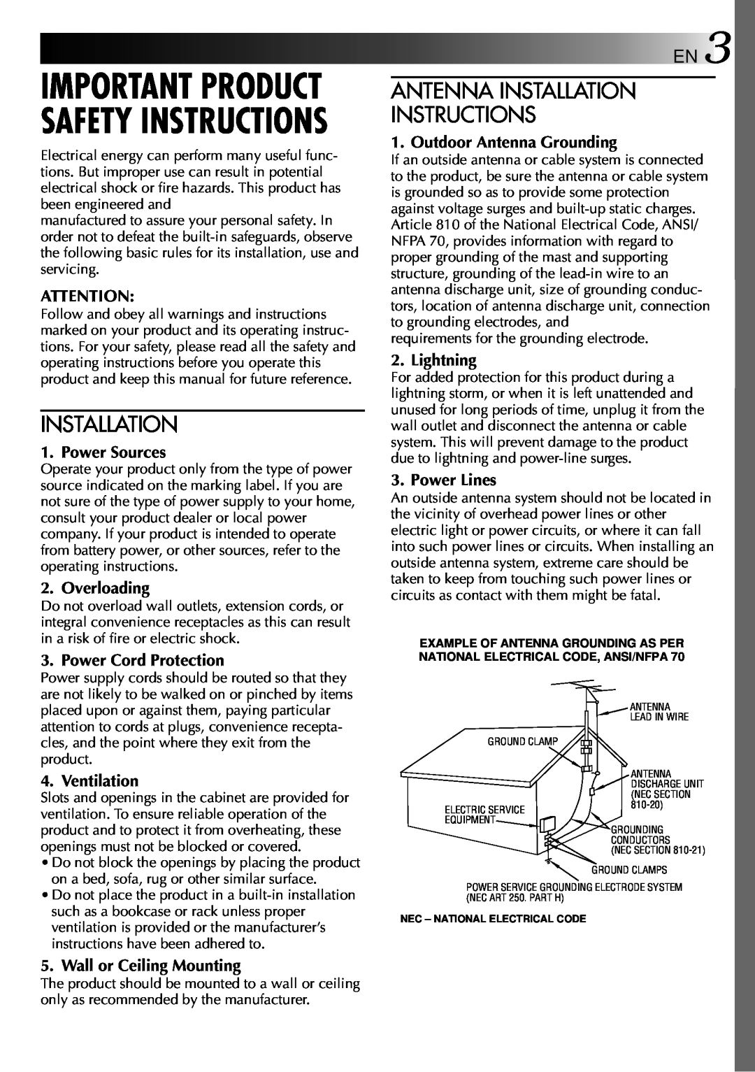 JVC GR-AXM22UM Antenna Installation Instructions, Important Product Safety Instructions, Power Sources, Overloading 