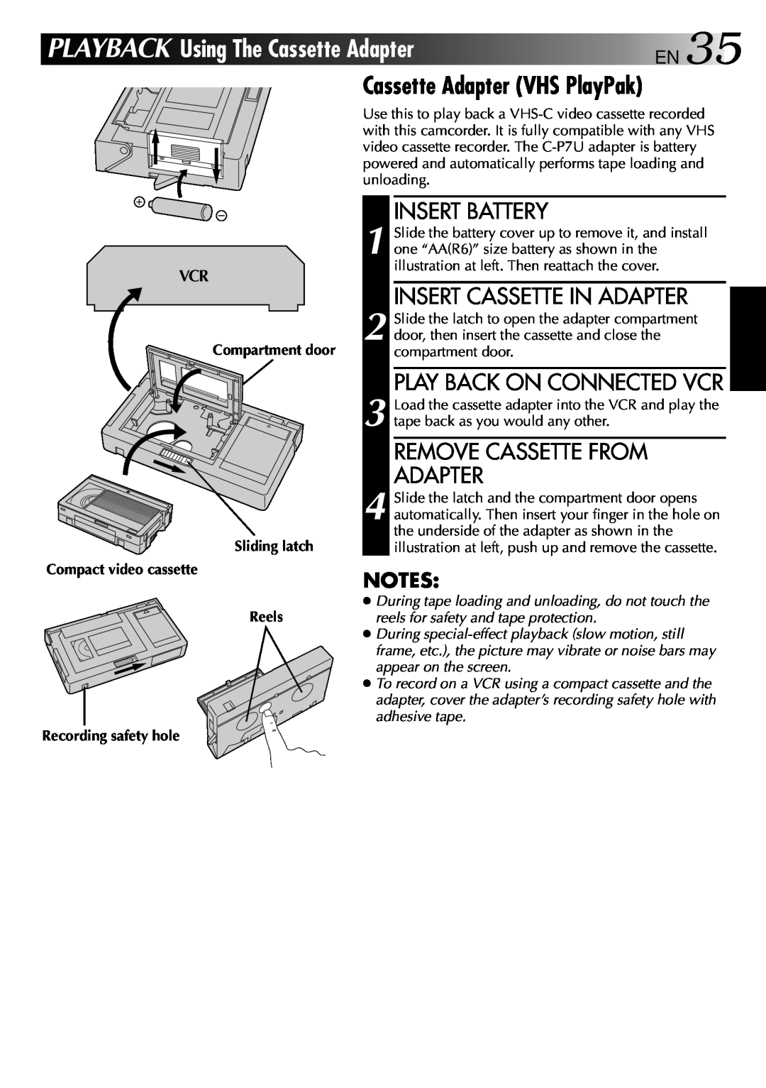 JVC GR-AXM22UM manual Cassette Adapter VHS PlayPak, Insert Cassette In Adapter, Play Back On Connected Vcr, Insert Battery 