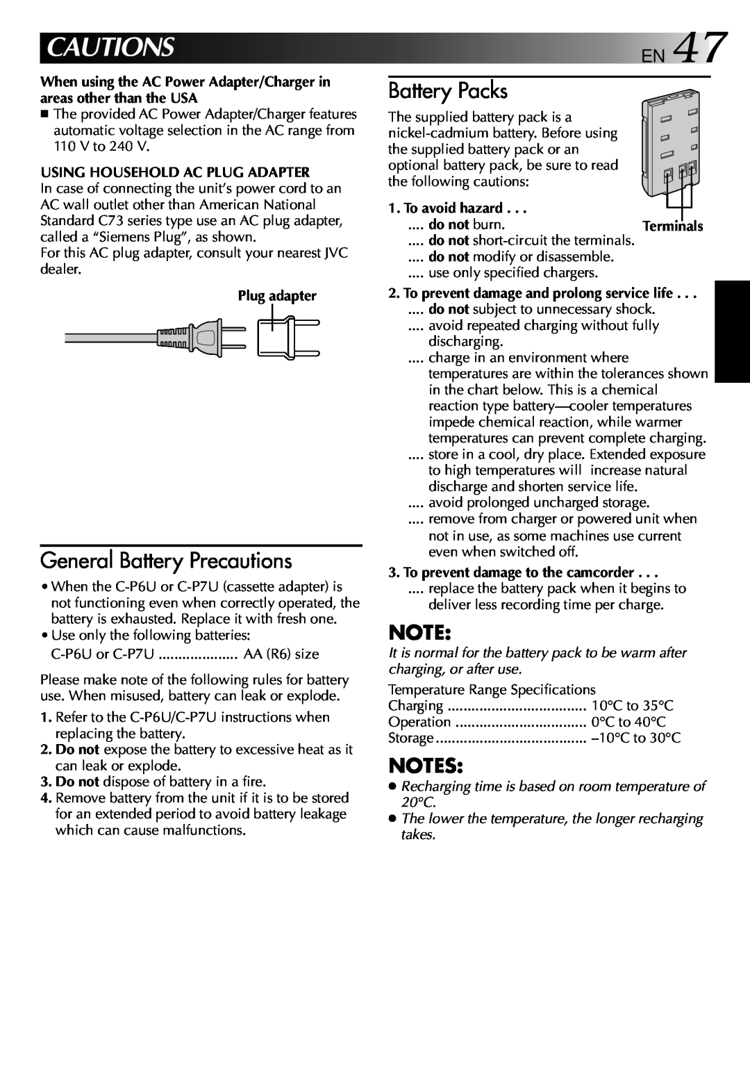 JVC GR-AXM22UM Cautionsen, General Battery Precautions, Battery Packs, Recharging time is based on room temperature of 20C 