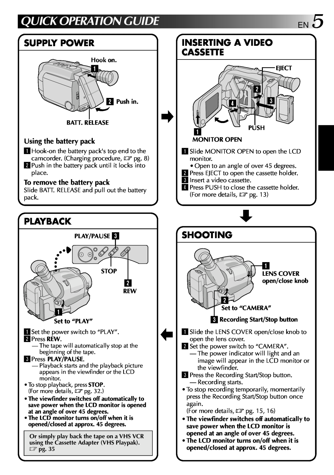 JVC GR-AXM22UM Quick Operation Guide, Supply Power, Inserting A Video Cassette, Playback, Shooting, Using the battery pack 