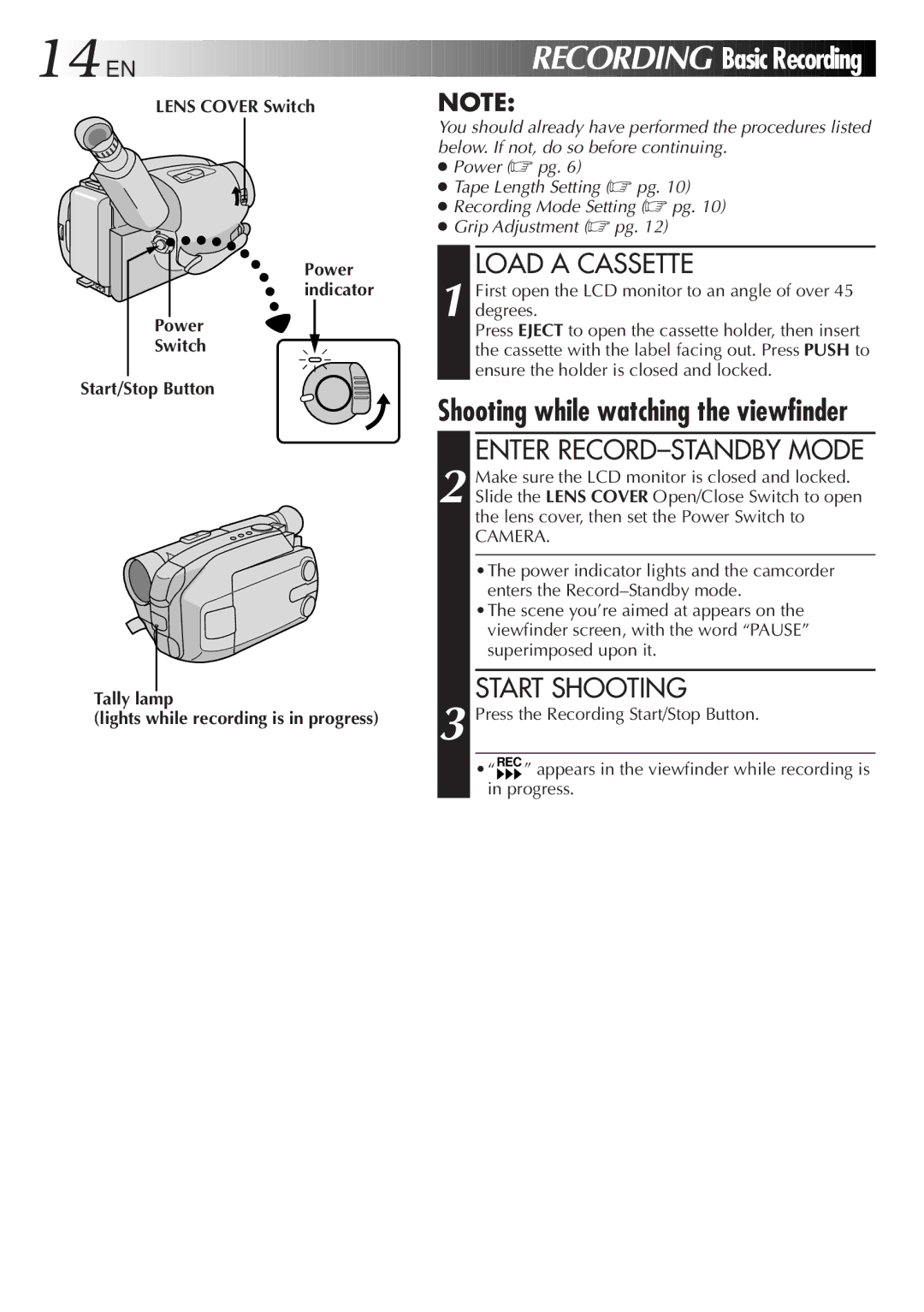 JVC GR-AXM23 specifications Basic Recording, Load a Cassette, Enter RECORD-STANDBY Mode, Start Shooting 