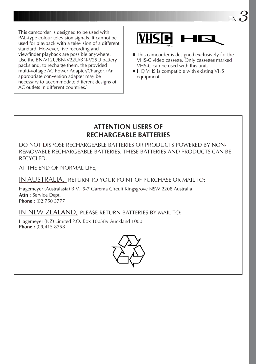 JVC GR-AXM23 specifications Rechargeable Batteries, Hagemeyer NZ Limited P.O. Box 100589 Auckland Phone 09415 