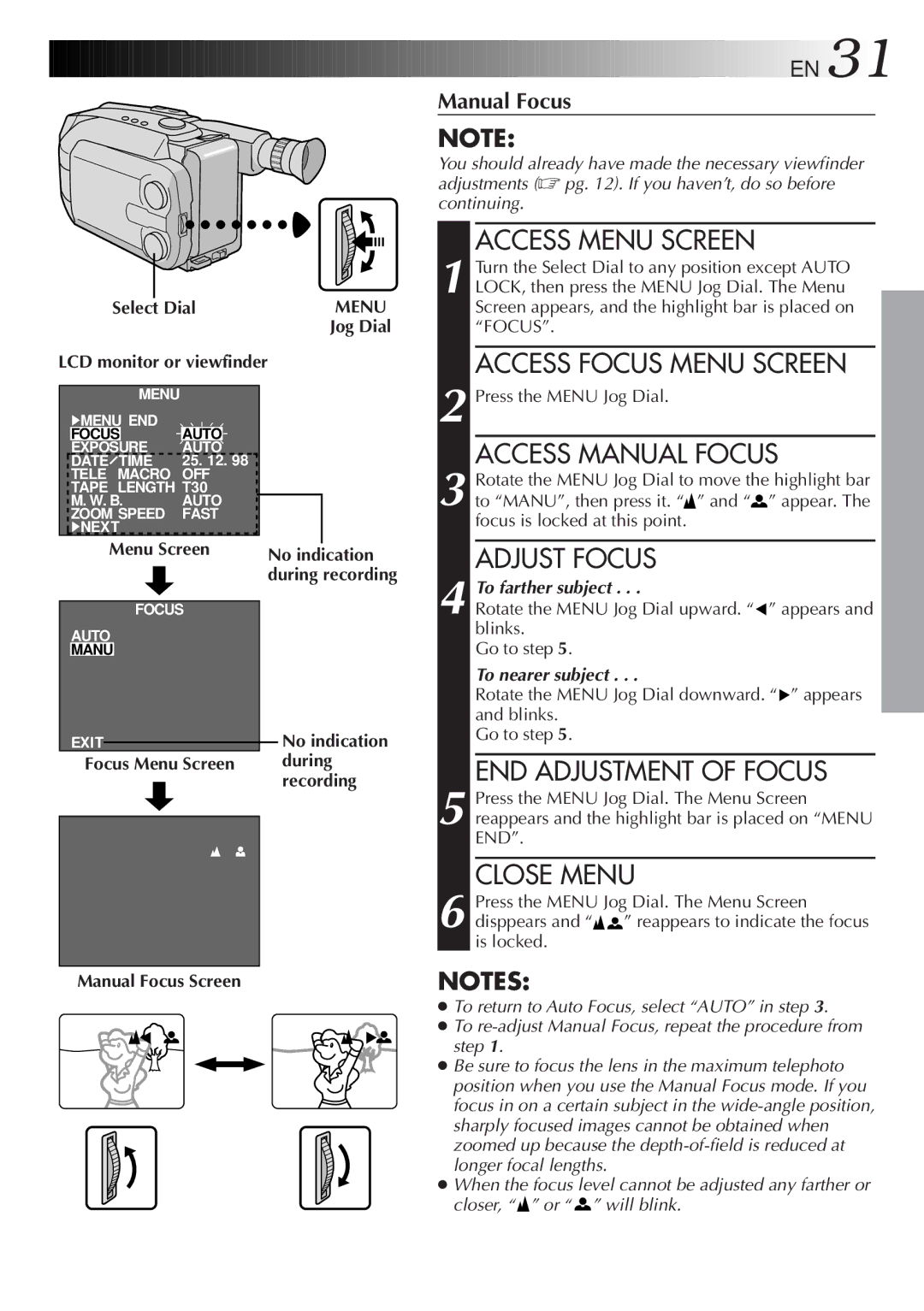 JVC GR-AXM23 specifications END Adjustment of Focus, Focus Menu Screen, Manual Focus Screen 