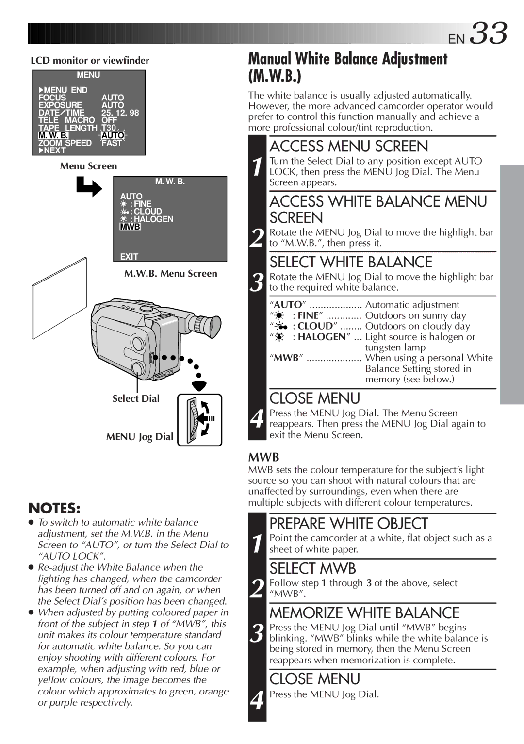 JVC GR-AXM23 specifications Manual White Balance Adjustment M.W.B 