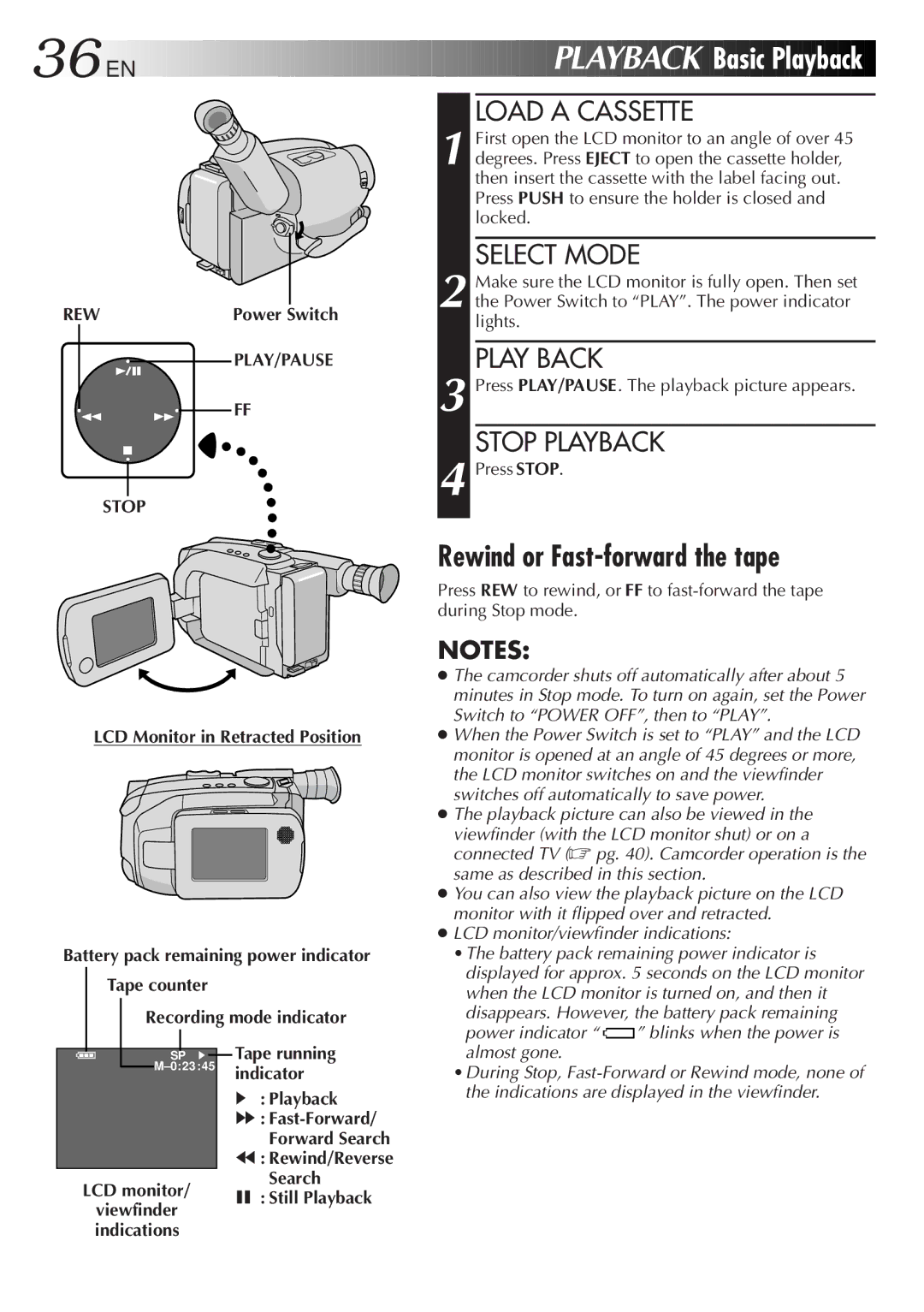 JVC GR-AXM23 specifications Basic Playback, Rewind or Fast-forward the tape, Play Back, Stop Playback 