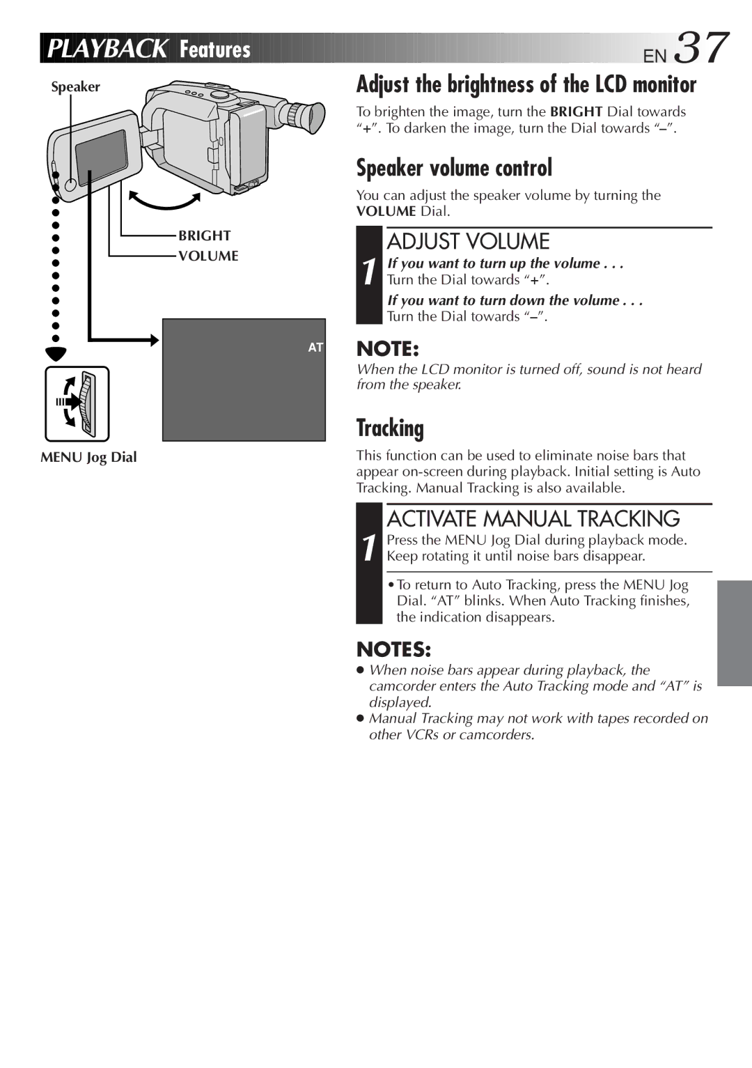 JVC GR-AXM23 specifications Speaker volume control, Adjust Volume, Activate Manual Tracking, Bright Volume 