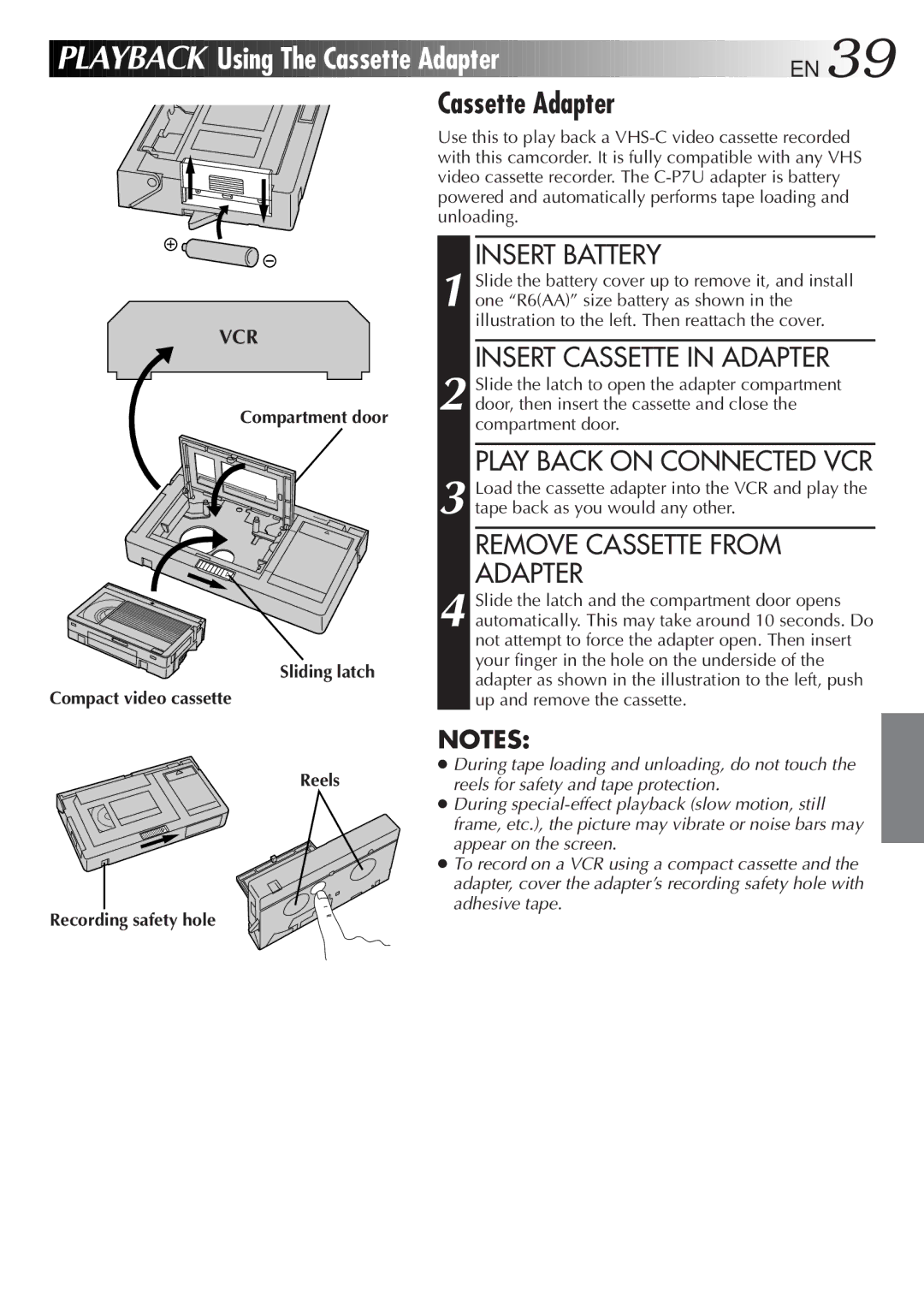 JVC GR-AXM23 specifications Using The Cassette Adapter EN, Insert Cassette in Adapter, Play Back on Connected VCR 