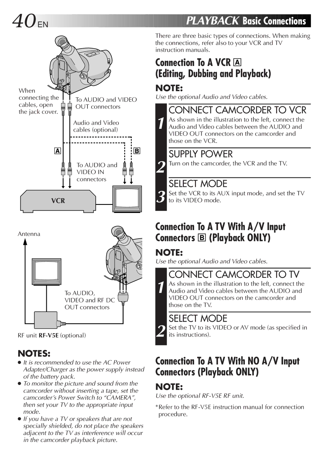 JVC GR-AXM23 specifications Basic Connections, Connect Camcorder to VCR, Connect Camcorder to TV 