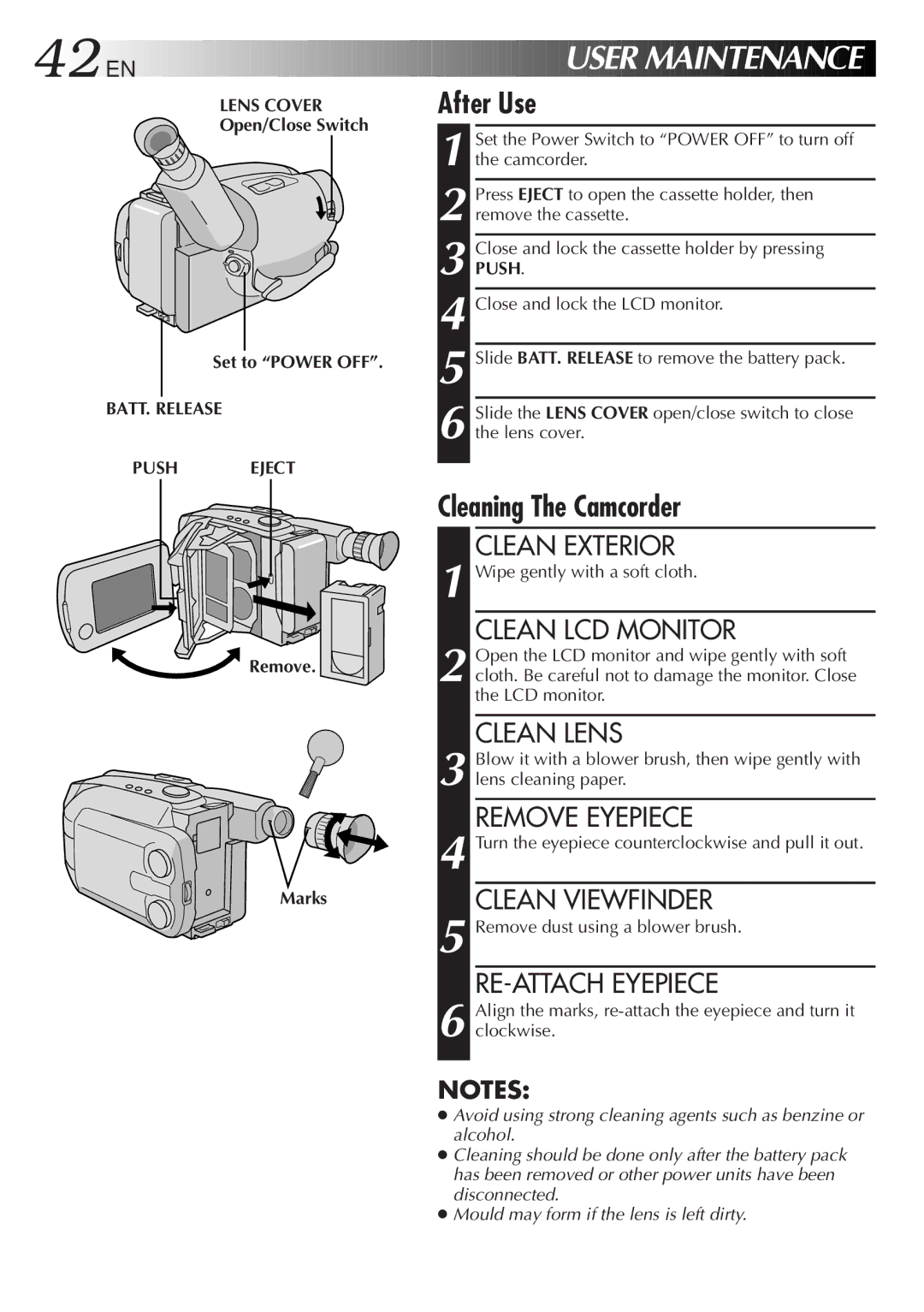 JVC GR-AXM23 specifications Open/Close Switch Set to Power OFF, BATT. Release Push Eject, Remove Marks 