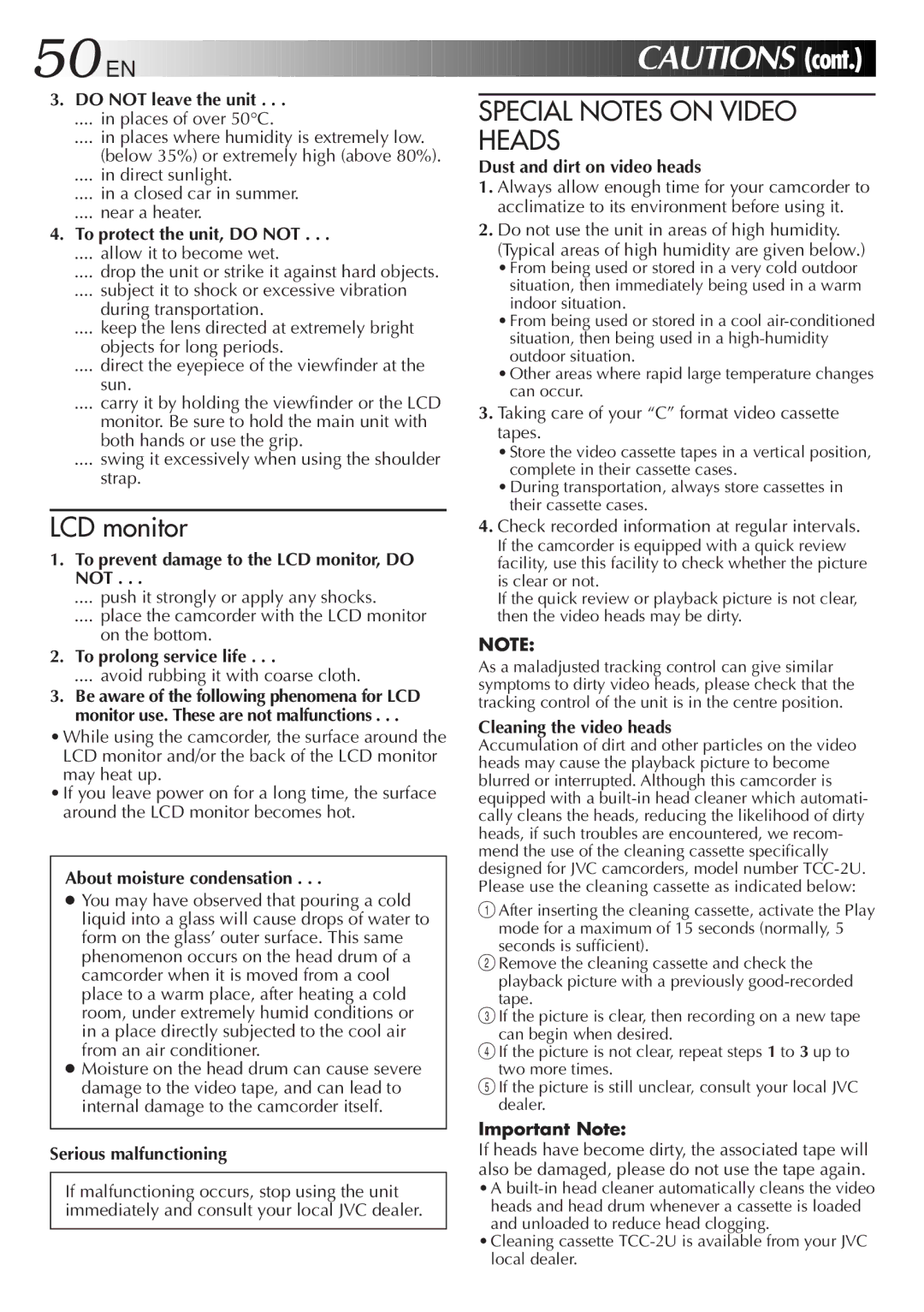 JVC GR-AXM23 specifications Cont, Special Notes on Video Heads 