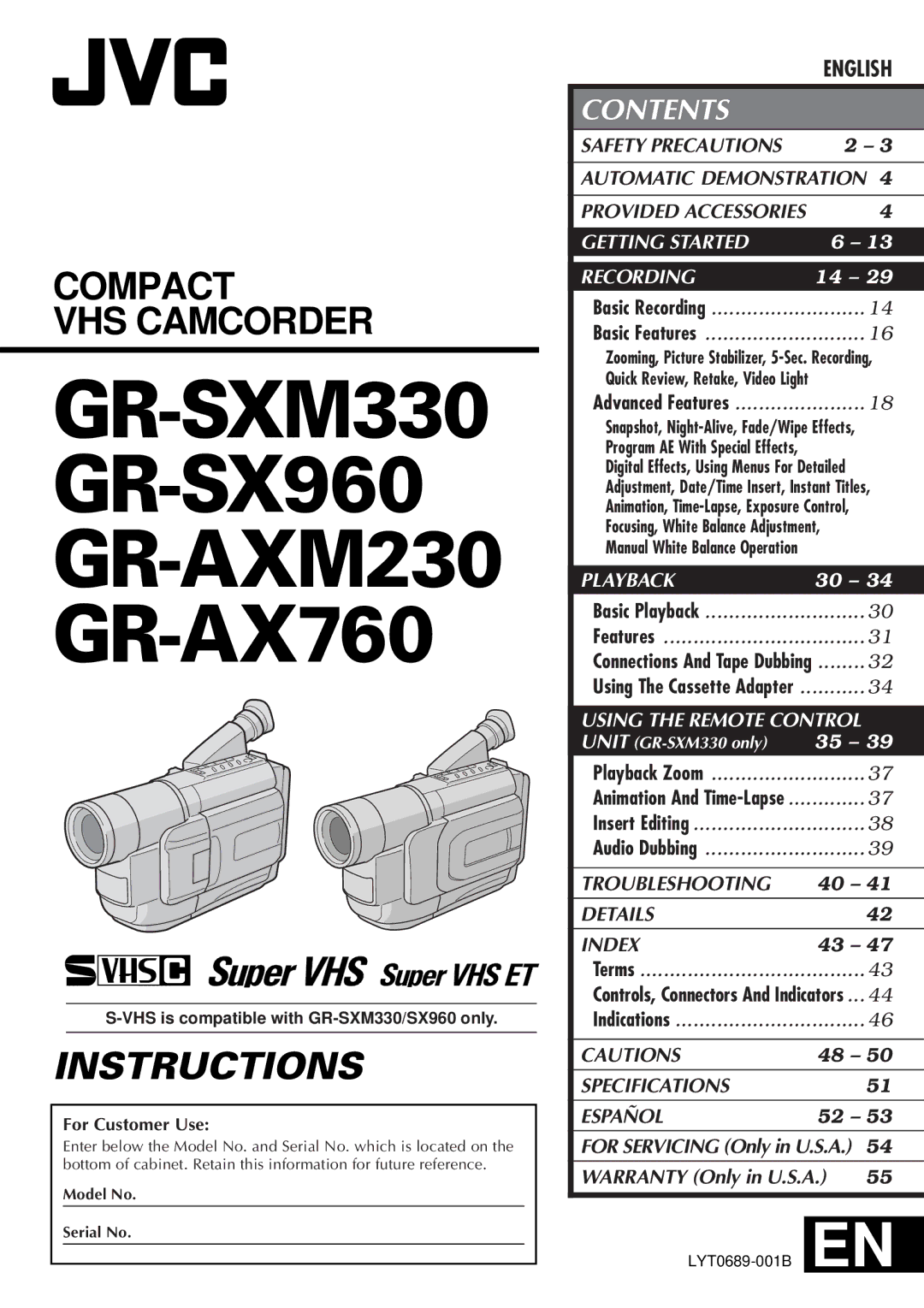 JVC specifications GR-SXM330 GR-SX960 GR-AXM230 GR-AX760 