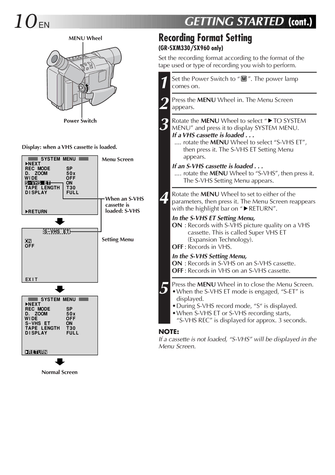 JVC GR-SXM330, GR-AXM230, GR-AX760, GR-SX960 specifications 10 EN, Recording Format Setting 