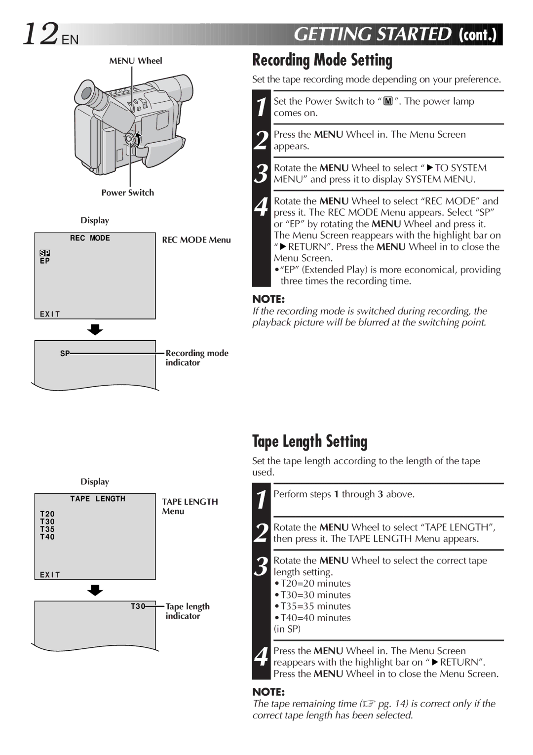 JVC GR-AXM230, GR-AX760, GR-SXM330, GR-SX960 specifications Recording Mode Setting, Tape Length Setting 