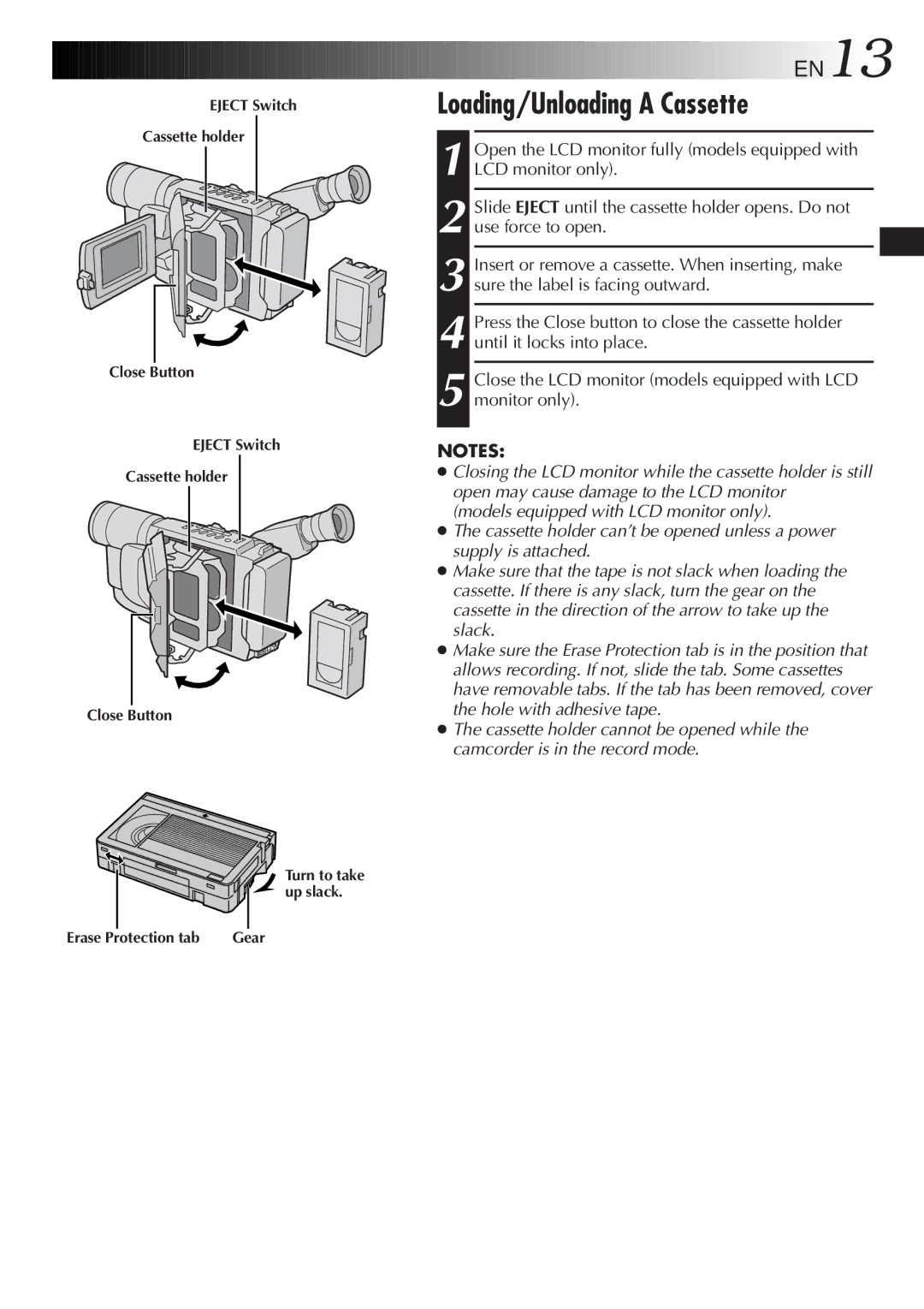 JVC GR-AX760, GR-AXM230, GR-SXM330, GR-SX960 specifications Loading/Unloading a Cassette, EN13 