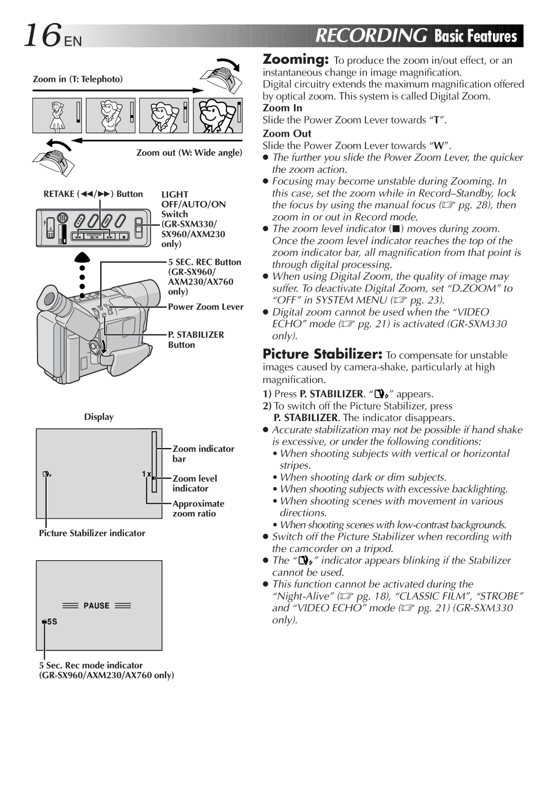 JVC GR-AXM230, GR-AX760, GR-SXM330, GR-SX960 specifications 16 EN, Zoom Out 