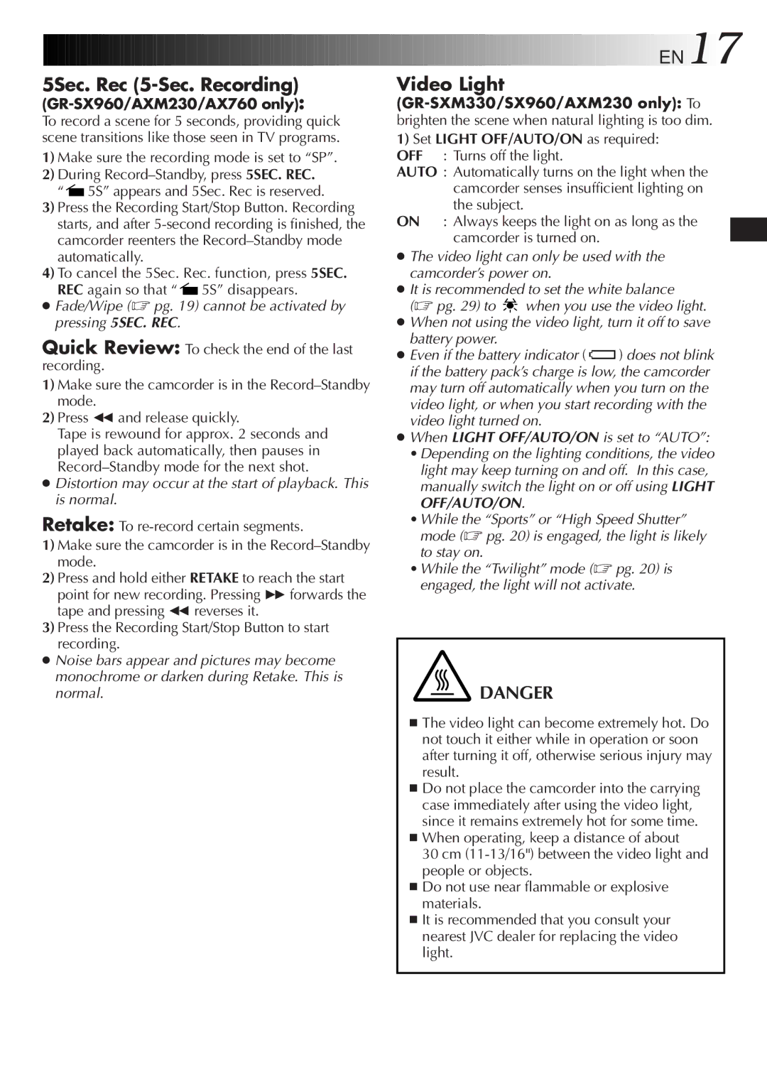 JVC GR-AX760, GR-AXM230, GR-SXM330 specifications EN17, 5Sec. Rec 5-Sec. Recording GR-SX960/AXM230/AX760 only 