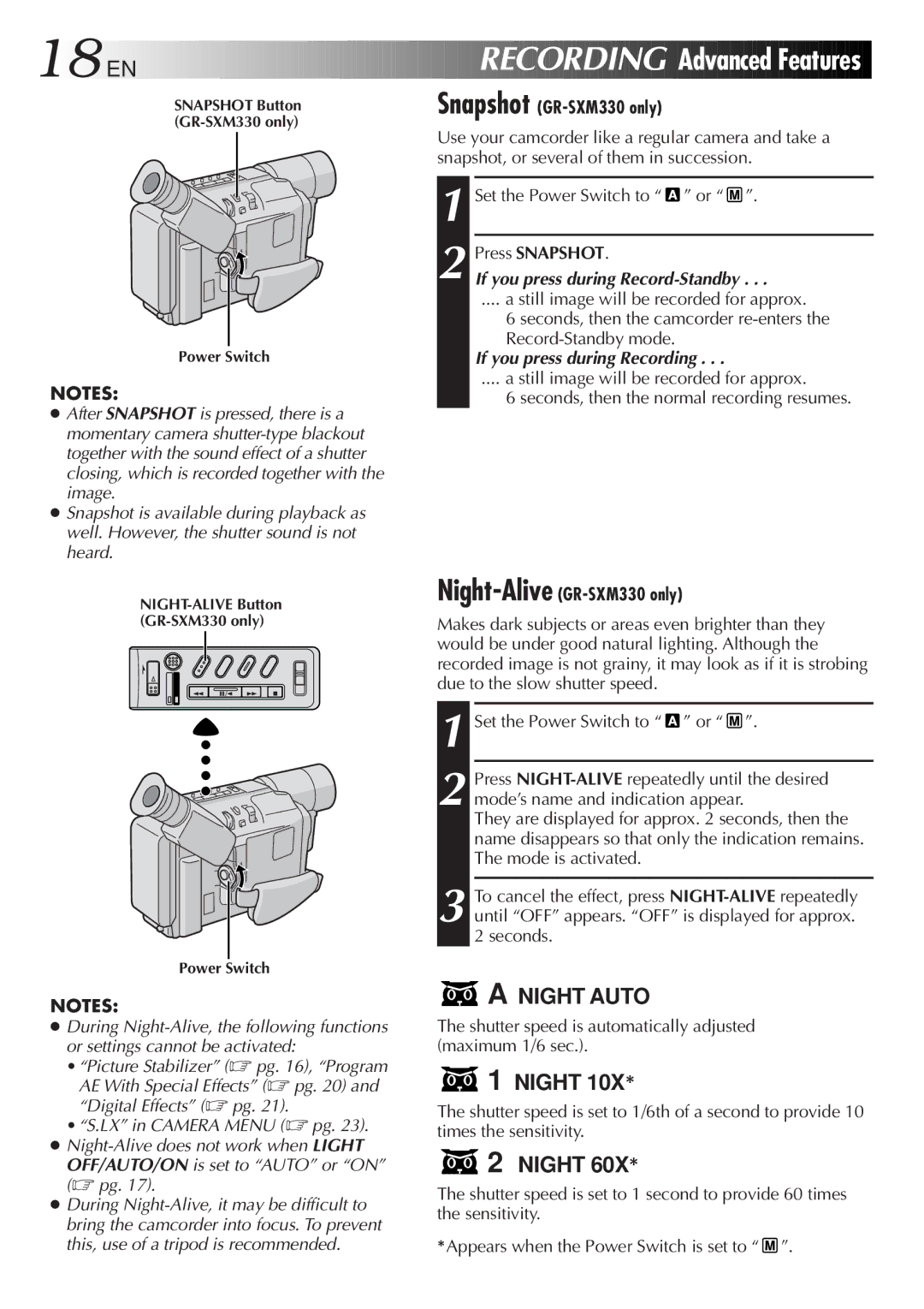 JVC Snapshot GR-SXM330 only, Press Snapshot, If you press during Record-Standby, If you press during Recording 