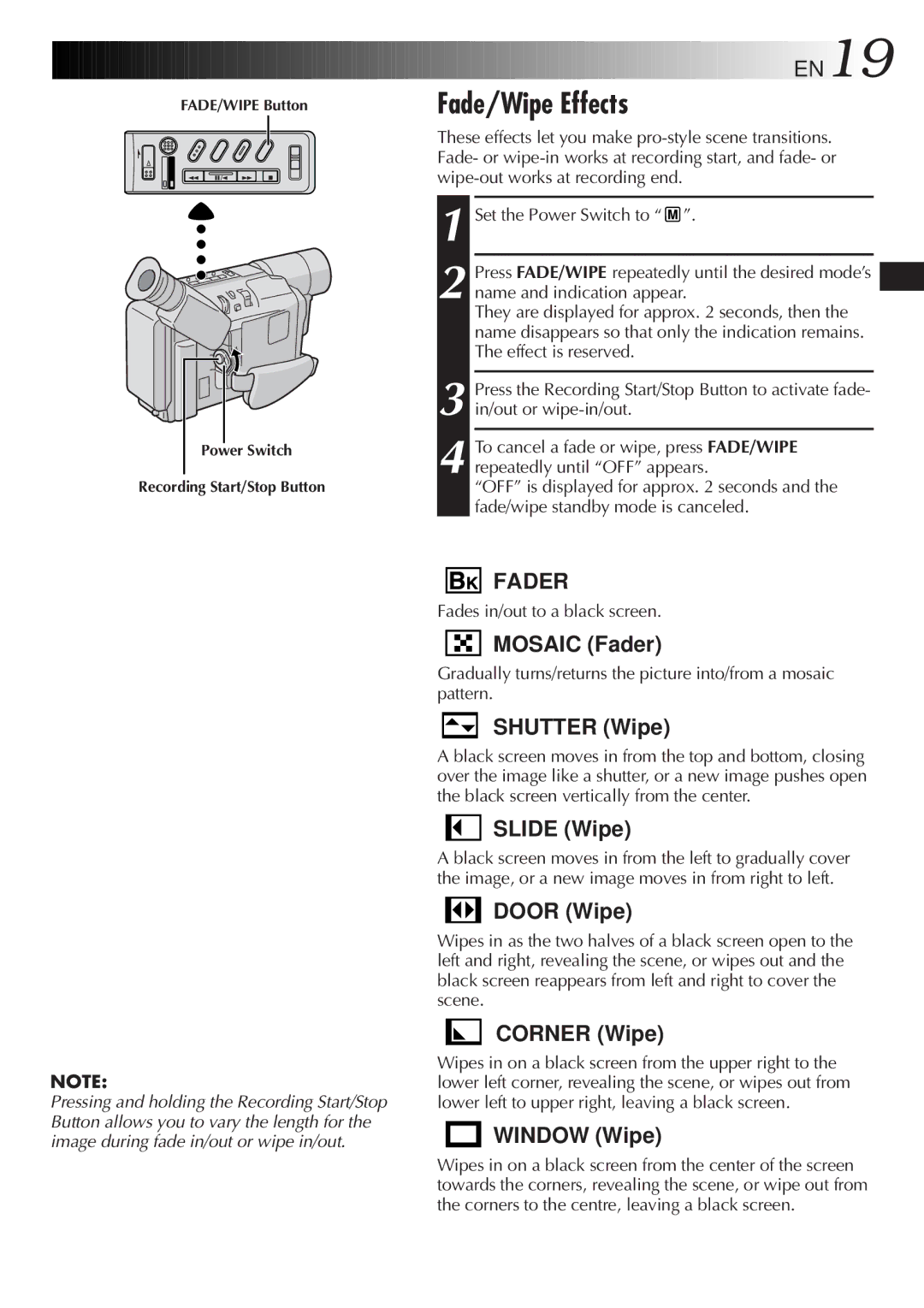 JVC GR-SX960, GR-AXM230, GR-AX760, GR-SXM330 specifications Fade/Wipe Effects, EN19, Fades in/out to a black screen 