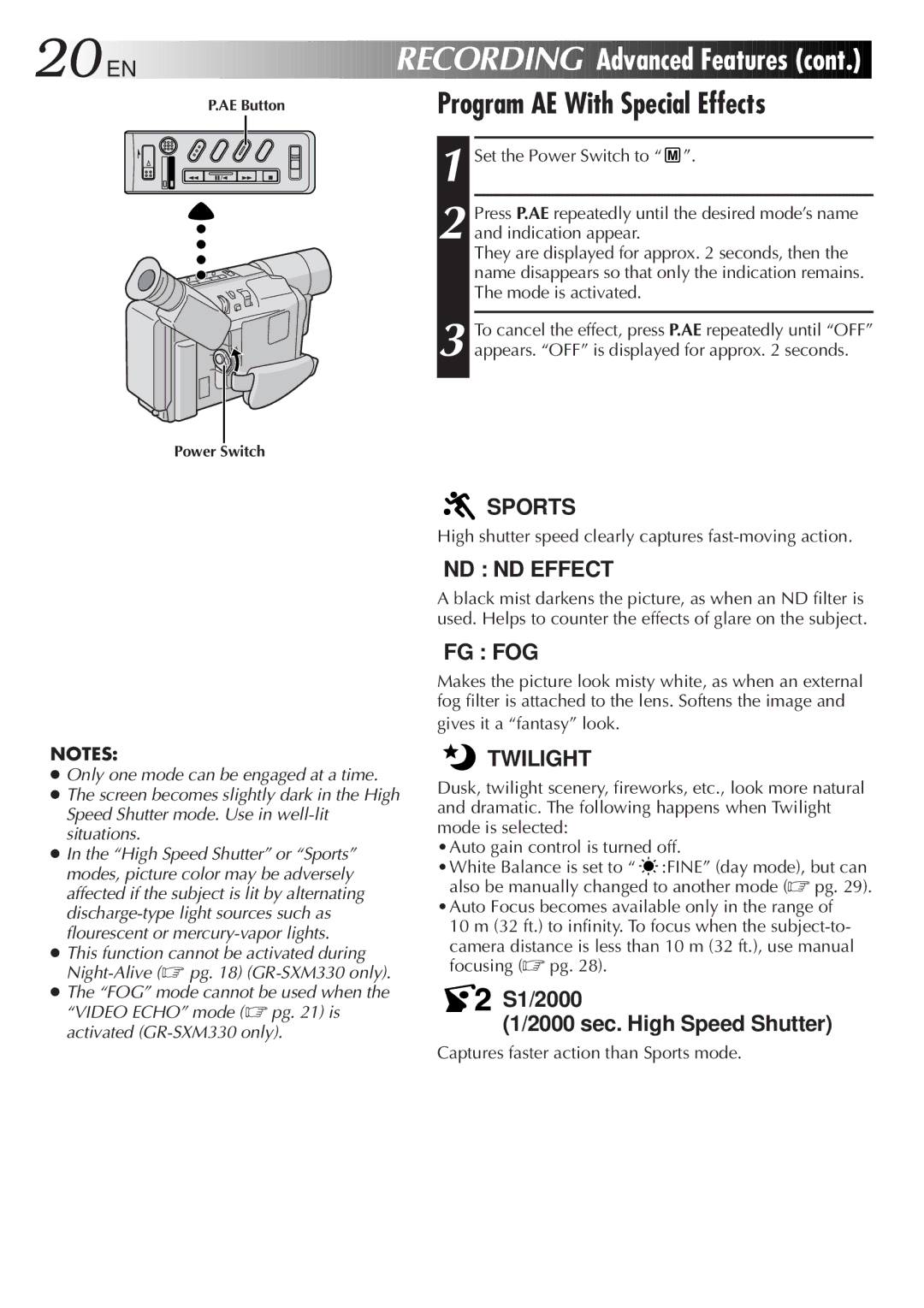 JVC GR-AXM230, GR-AX760 20 EN, Program AE With Special Effects, Indication appear, Captures faster action than Sports mode 