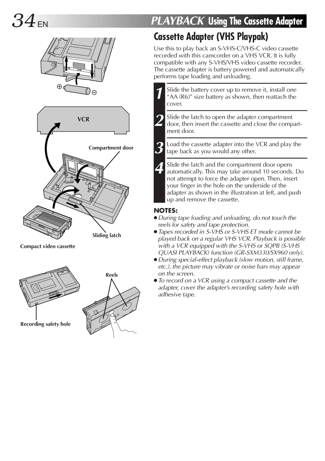 JVC GR-SXM330 34 EN, Cassette Adapter VHS Playpak, Cover, Slide the latch to open the adapter compartment, Ment door 