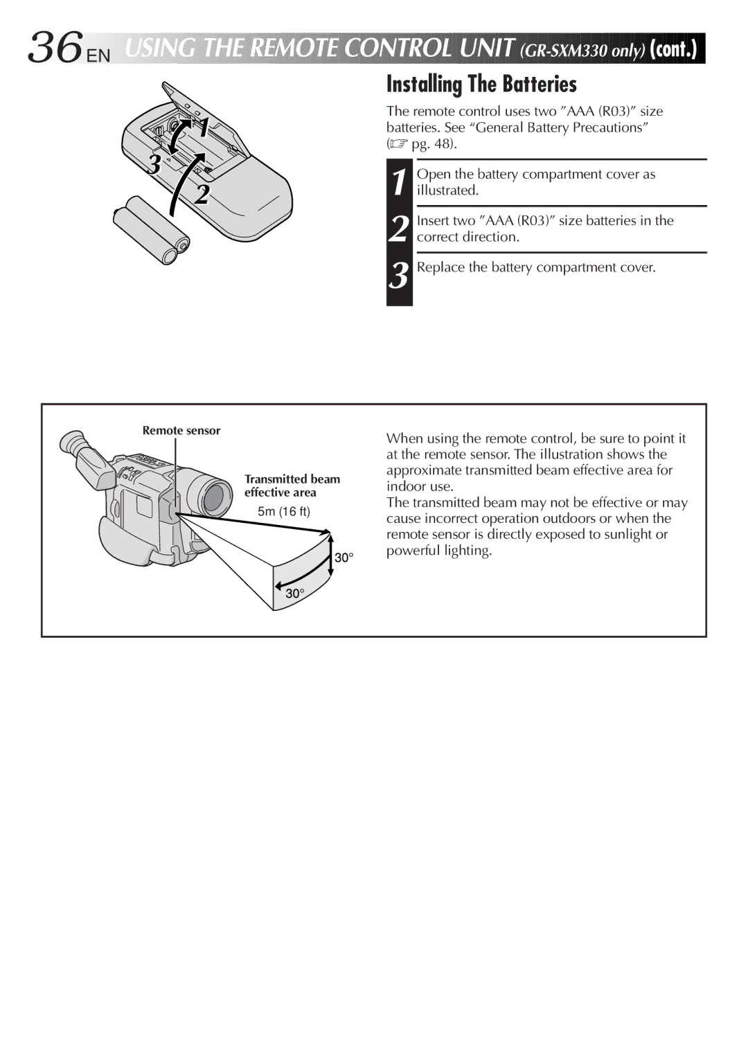 JVC GR-AXM230, GR-AX760, GR-SXM330, GR-SX960 specifications 36 EN, Installing The Batteries 