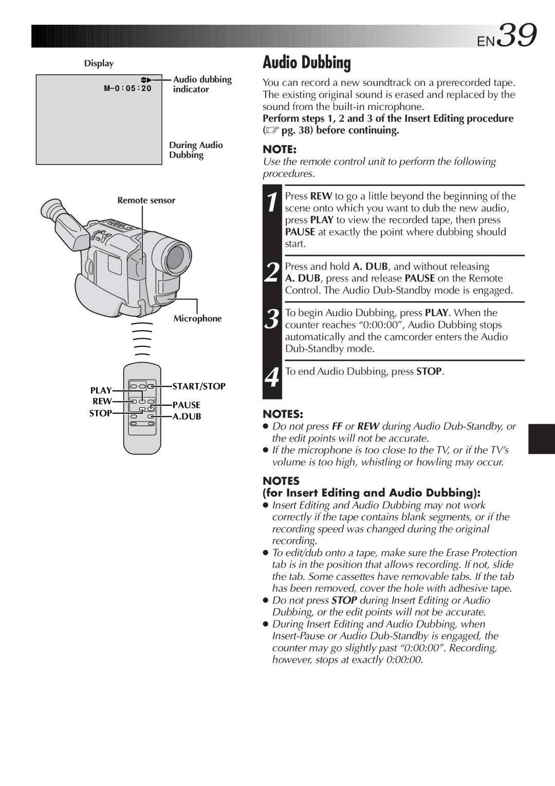 JVC GR-SX960, GR-AXM230, GR-AX760, GR-SXM330 specifications EN39, For Insert Editing and Audio Dubbing 