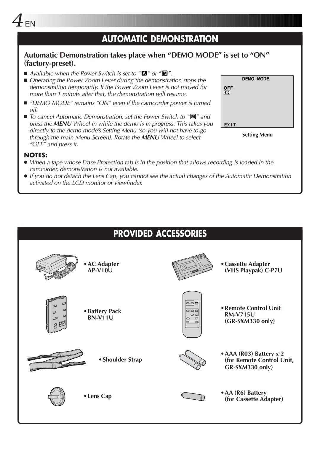 JVC GR-AXM230, GR-AX760, GR-SXM330, GR-SX960 specifications AC Adapter, Battery Pack, Shoulder Strap Lens Cap 