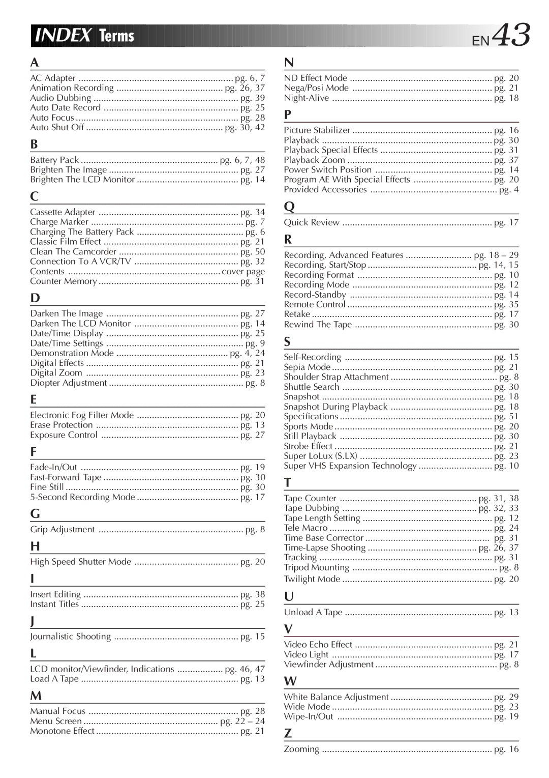 JVC GR-SX960, GR-AXM230, GR-AX760, GR-SXM330 specifications Index Terms, EN43 