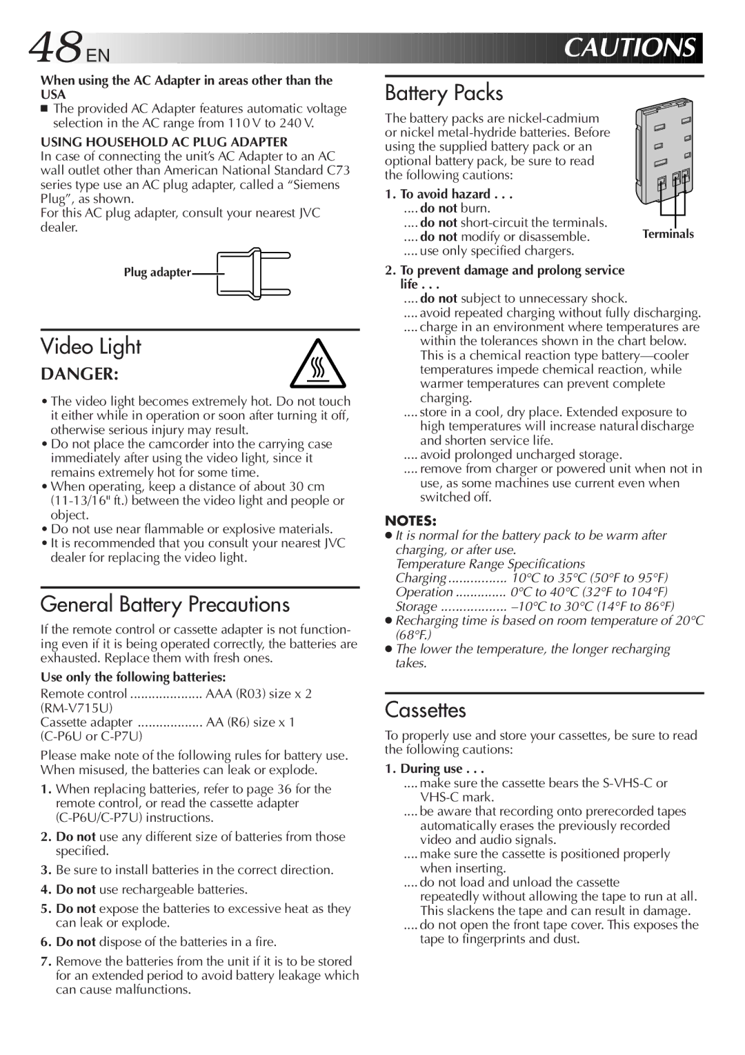 JVC GR-AXM230, GR-AX760, GR-SXM330, GR-SX960 specifications 48 EN, Usa 