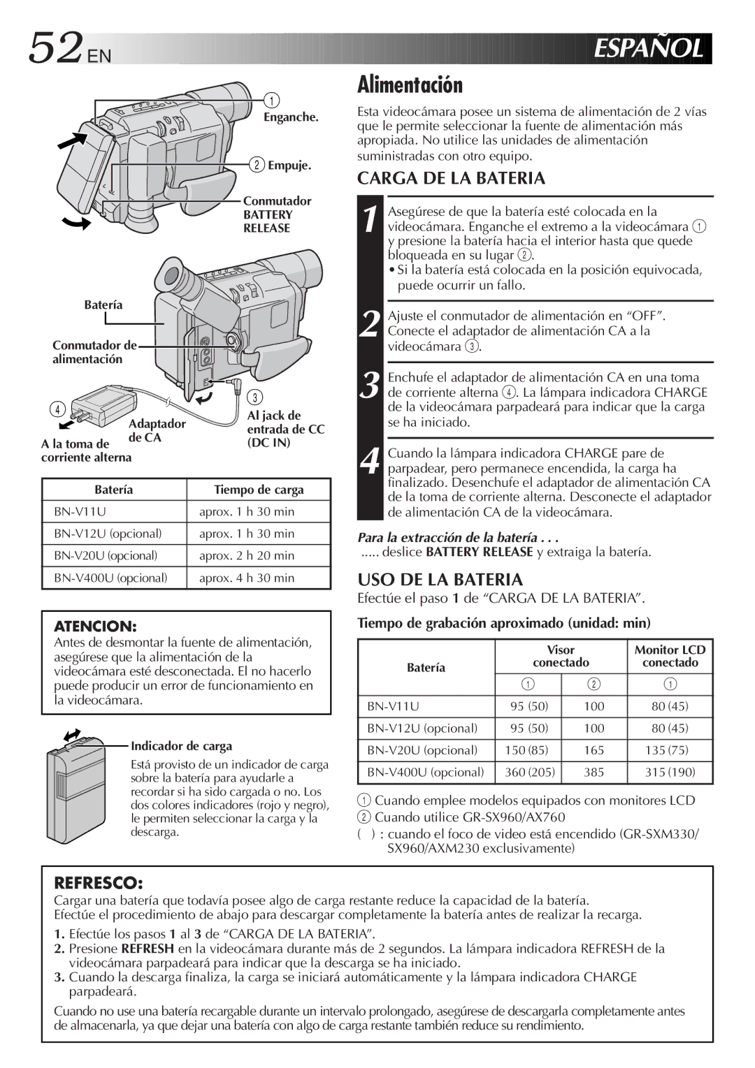 JVC GR-AXM230 52 EN, Alimentación, Efectúe el paso 1 de Carga DE LA Bateria, Tiempo de grabación aproximado unidad min 