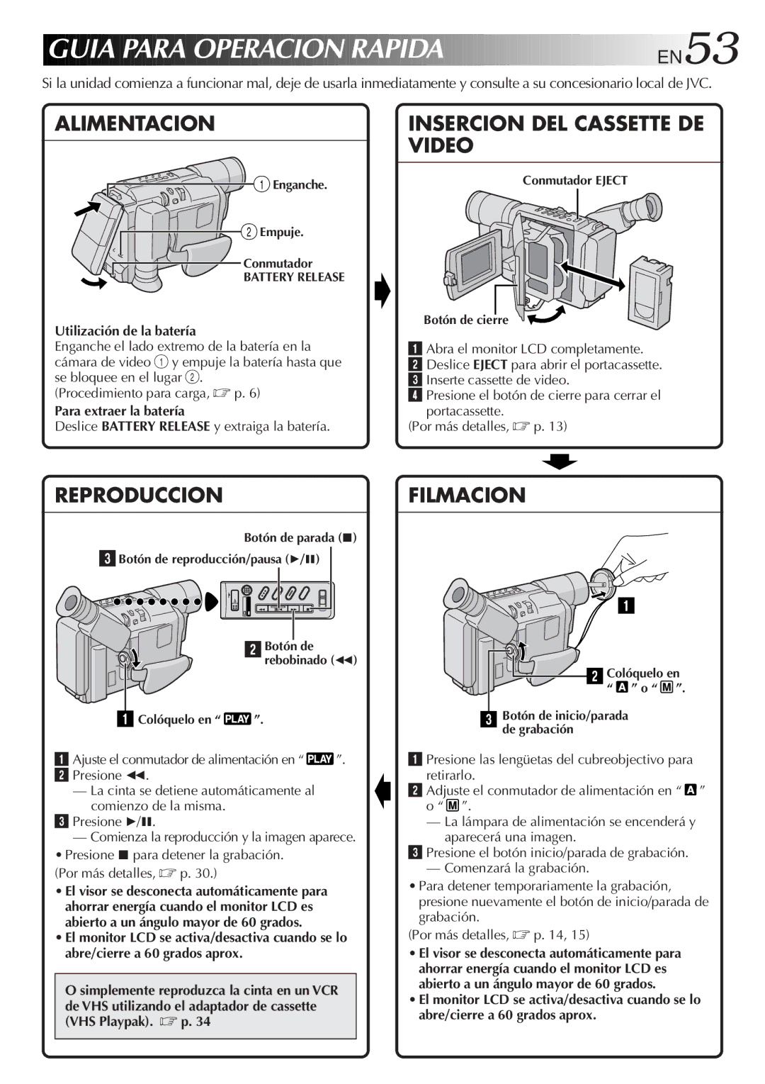 JVC GR-AX760, GR-AXM230, GR-SXM330, GR-SX960 specifications Guia Para Operacion Rapida, EN53 