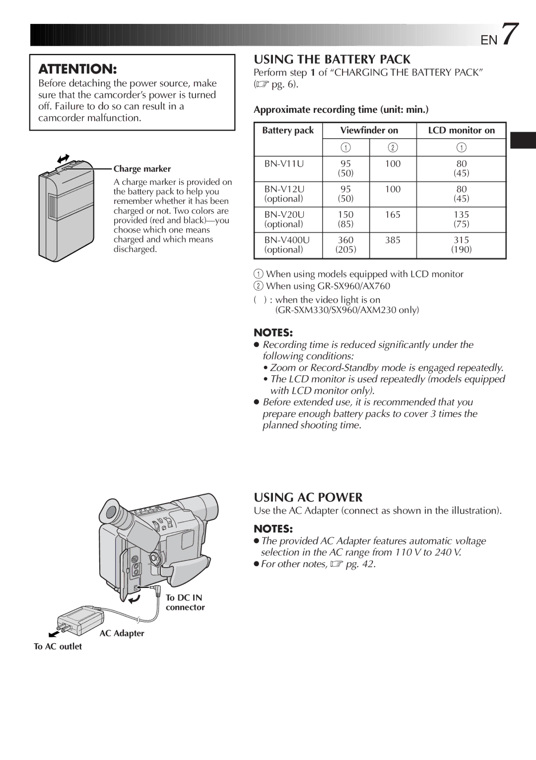 JVC GR-SX960, GR-AXM230, GR-AX760 EN7, Perform of Charging the Battery Pack pg, Approximate recording time unit min 