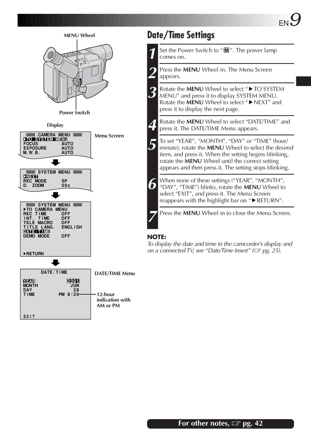 JVC GR-AX760, GR-AXM230, GR-SXM330, GR-SX960 Date/Time Settings, EN9, Press the Menu Wheel in to close the Menu Screen 