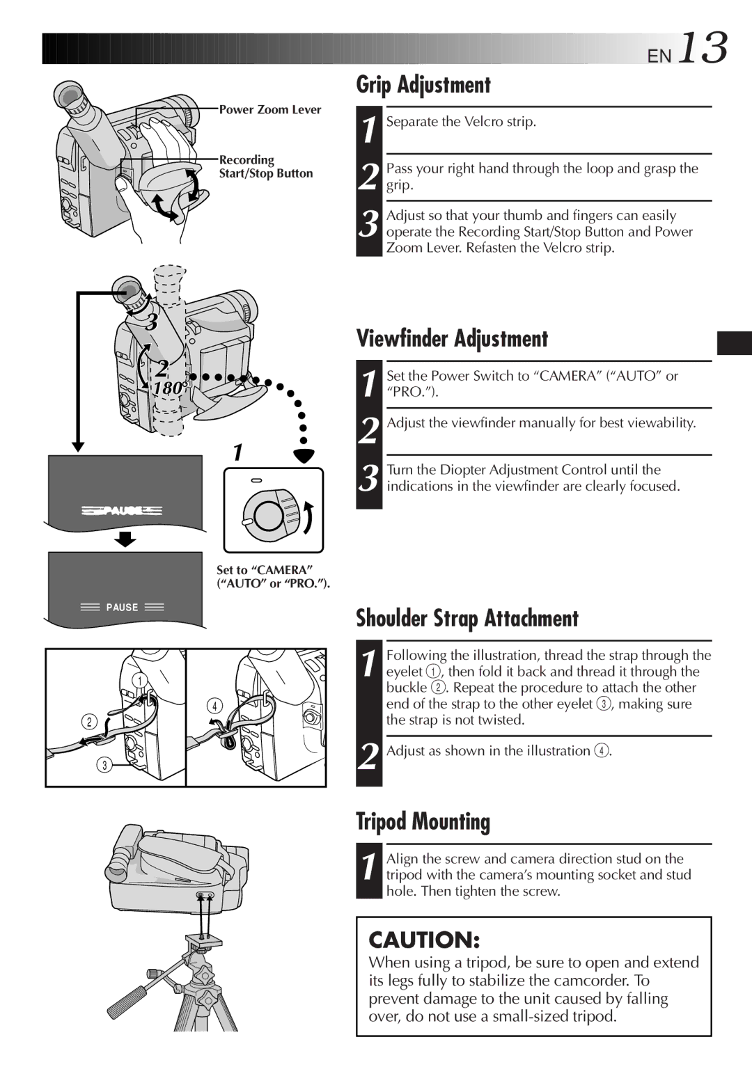 JVC GR-AXM237UM specifications Grip Adjustment, Viewfinder Adjustment, Shoulder Strap Attachment, Tripod Mounting 