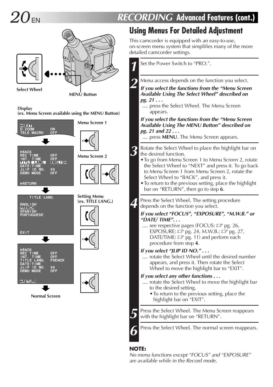 JVC GR-AXM237UM specifications 20 EN, Recording Advanced Features, Using Menus For Detailed Adjustment 