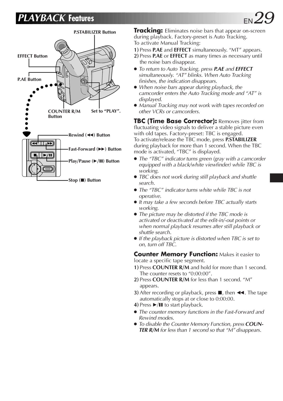 JVC GR-AXM237UM specifications Playback Features EN29, Counter R/M 