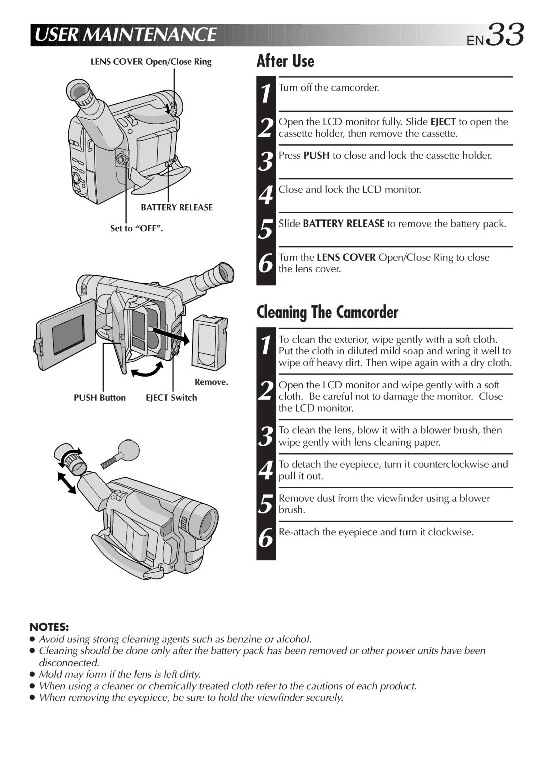 JVC GR-AXM237UM specifications After Use, Cleaning The Camcorder 