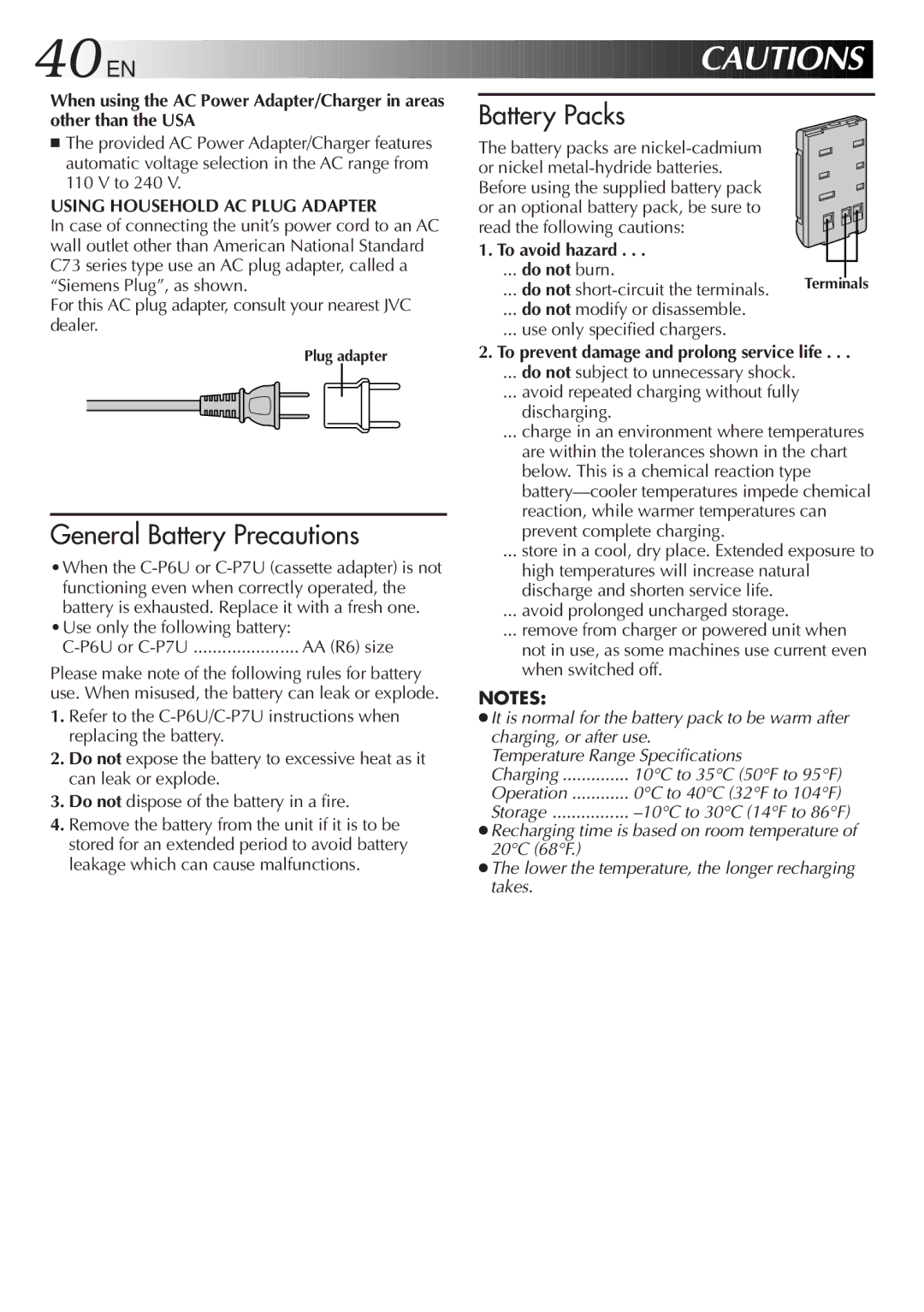 JVC GR-AXM237UM 40 EN, Using Household AC Plug Adapter, Use only the following battery P6U or C-P7U, To avoid hazard 