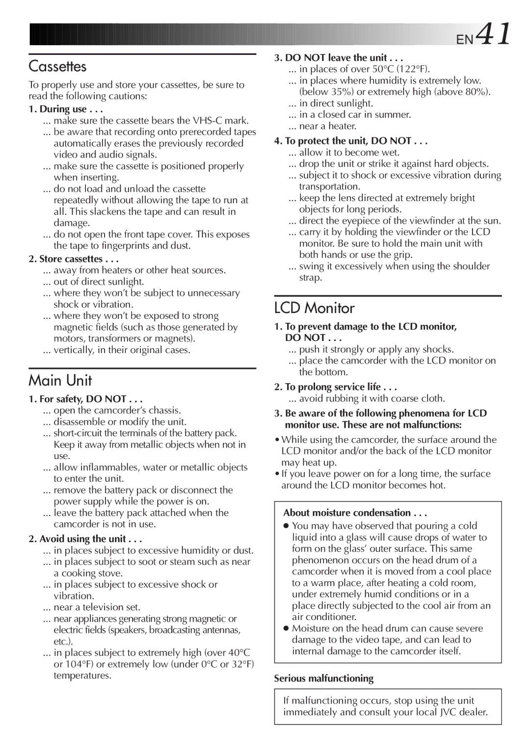 JVC GR-AXM237UM specifications During use, Store cassettes, For safety, do not, Avoid using the unit, Do not leave the unit 