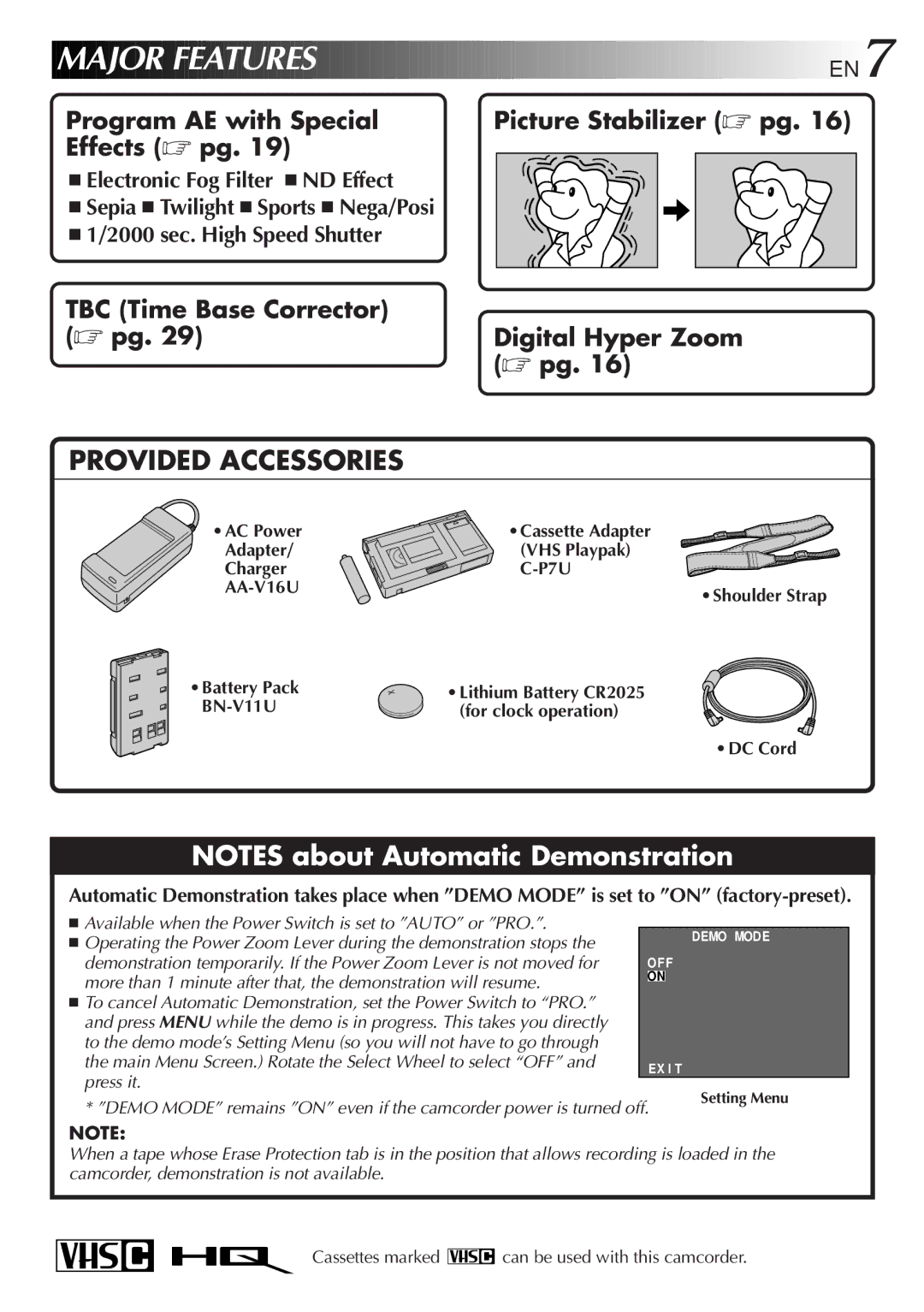 JVC GR-AXM237UM specifications Major Features, AC Power Cassette Adapter VHS Playpak Charger P7U AA-V16U 