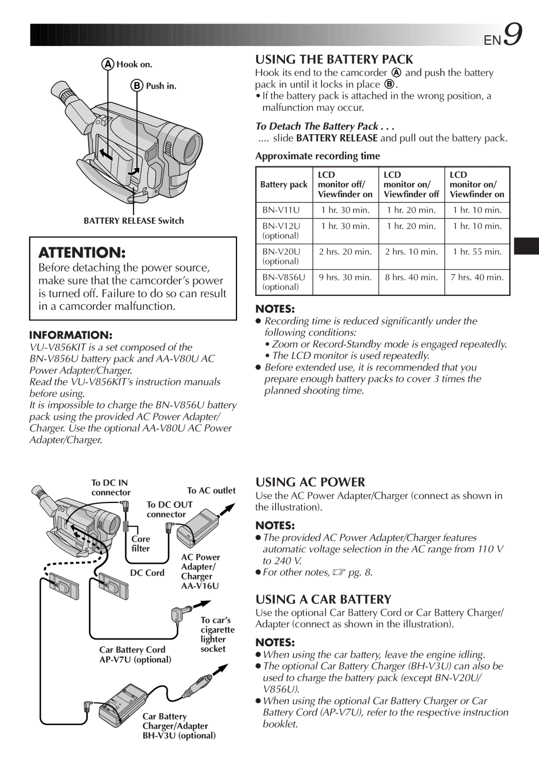 JVC GR-AXM237UM Using the Battery Pack, Using AC Power, Using a CAR Battery, Information, Approximate recording time 