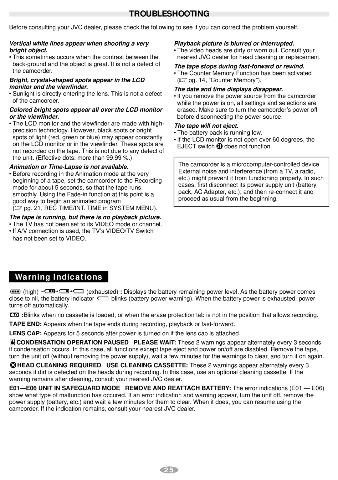 JVC GR-AXM241 manual Troubleshooting, Animation or Time-Lapse is not available 