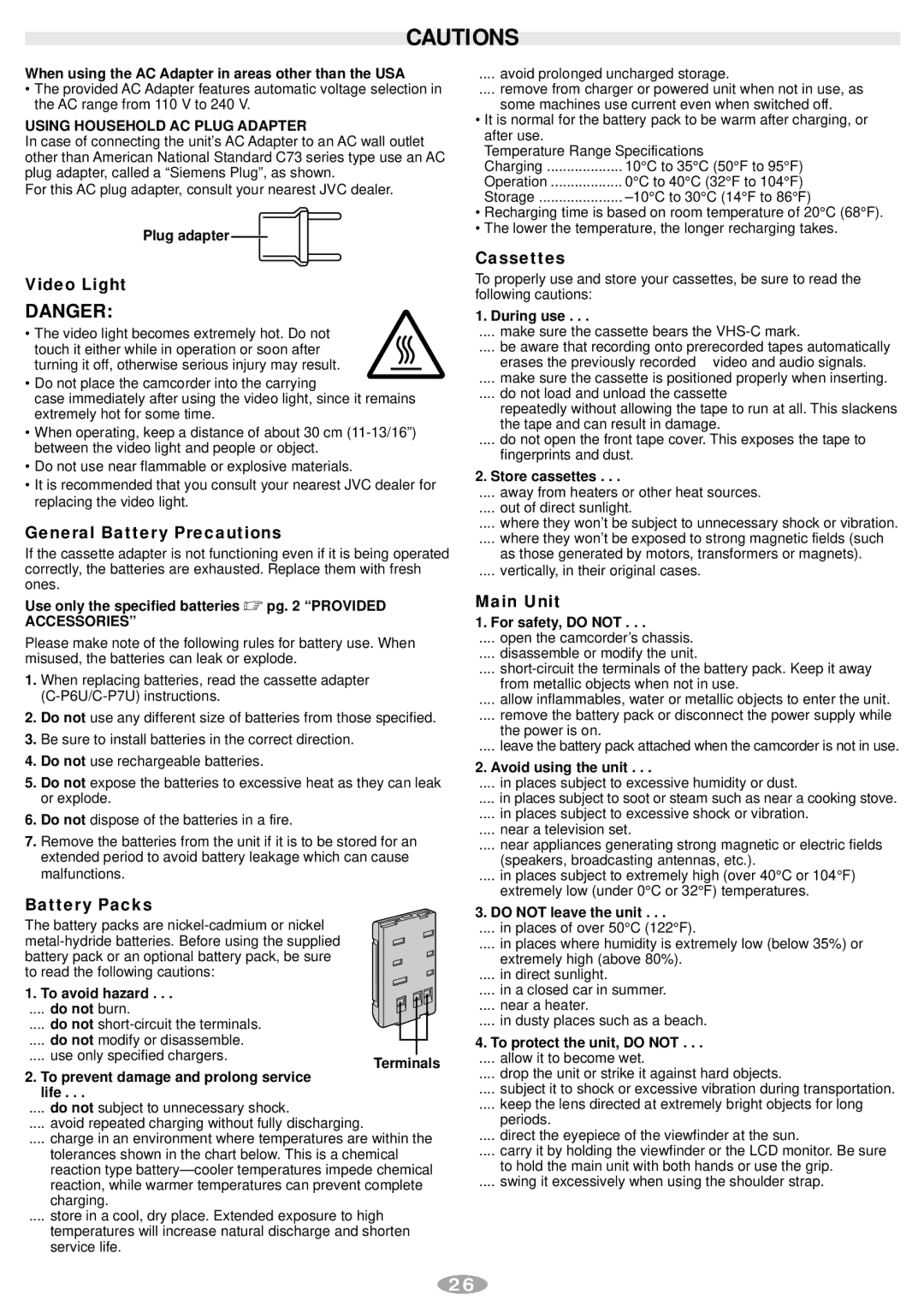 JVC GR-AXM241 manual General Battery Precautions, Battery Packs, Cassettes, Main Unit 