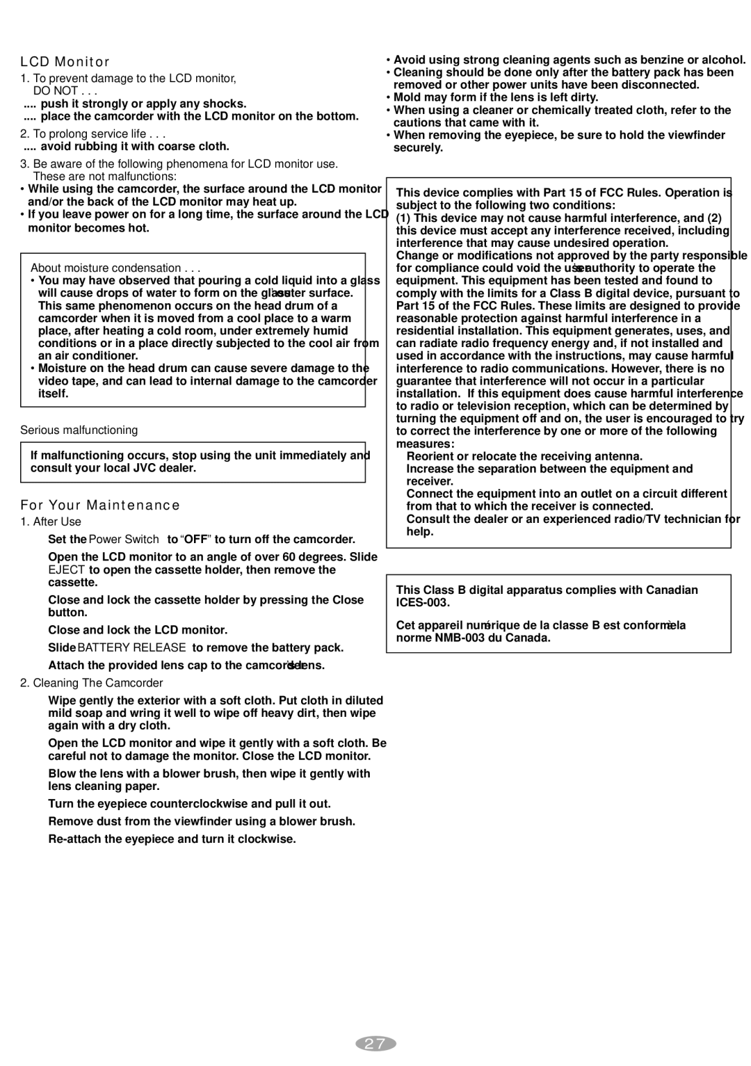 JVC GR-AXM241 manual For Your Maintenance, To prevent damage to the LCD monitor, do not 