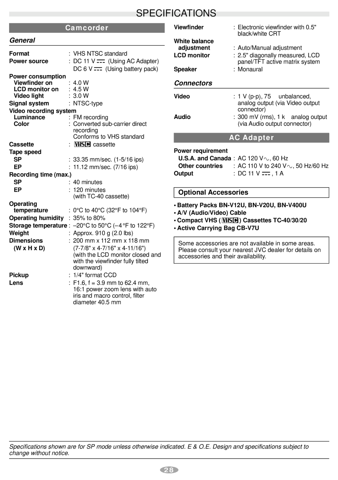 JVC GR-AXM241 manual Specifications, Optional Accessories 